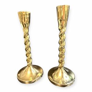 GOLDEN BRASS TWIST CANDLESTICKS SET OF 2 VINTAGE STYLE HOME DECOR